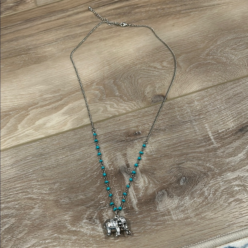Silver Elephant Pendant Necklace with Turquoise Beads